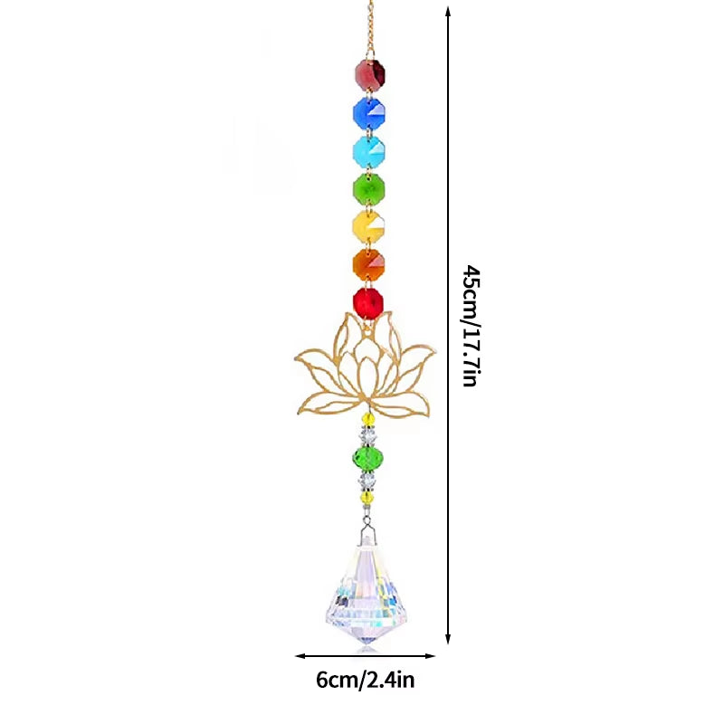 Rainbow-colored crystal suncatcher with golden lotus flower design for wind chime spinner