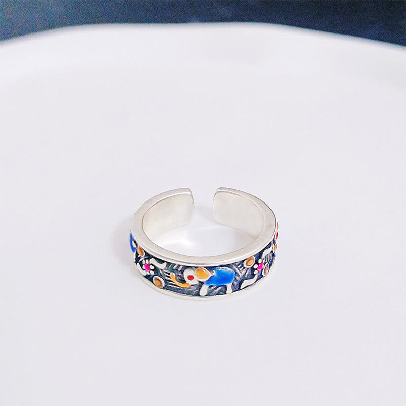 Bague ajustable en cuivre et argent représentant un éléphant coloré