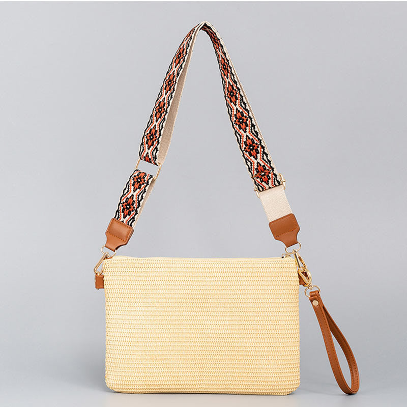 Sac bandoulière bohème en paille tissée à géométrie colorée 28 cm