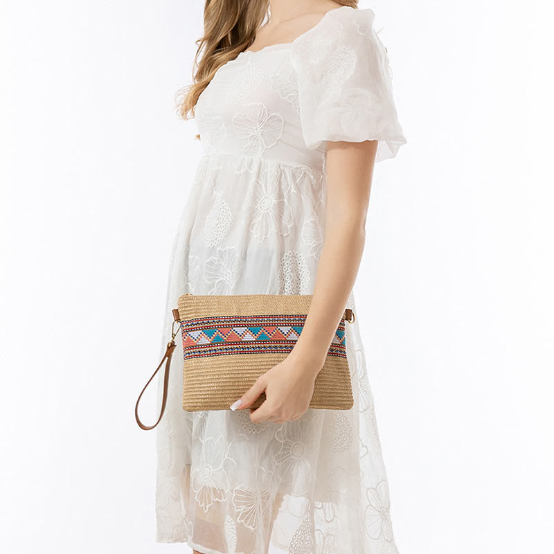 Sac bandoulière bohème en paille tissée à géométrie colorée 28 cm
