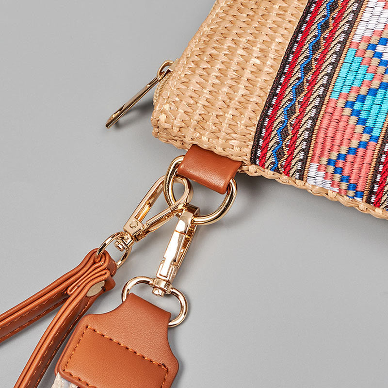 Sac bandoulière bohème en paille tissée à géométrie colorée 28 cm