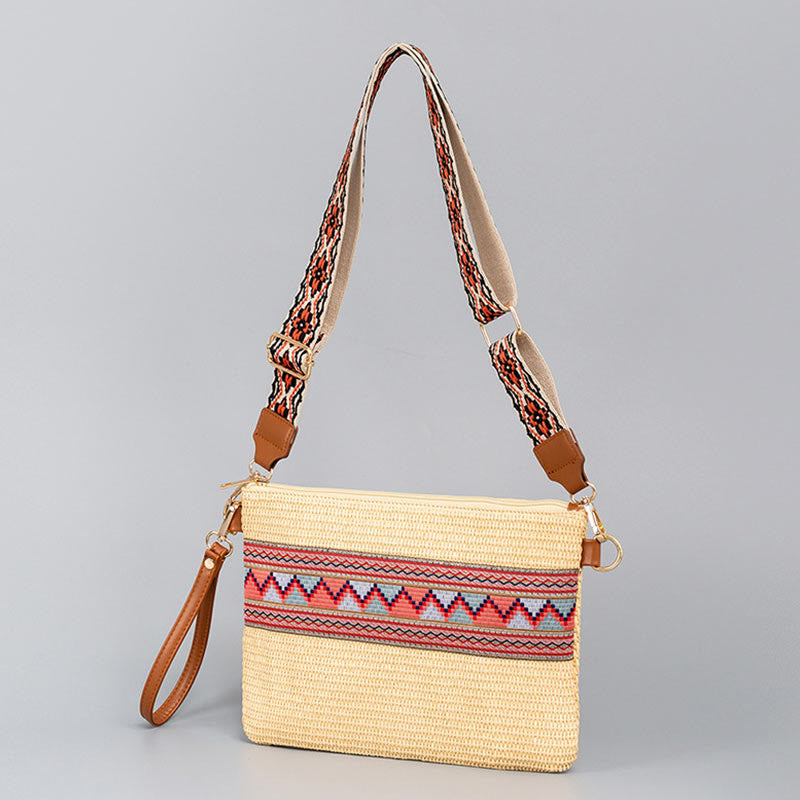 Sac bandoulière bohème en paille tissée à géométrie colorée 28 cm