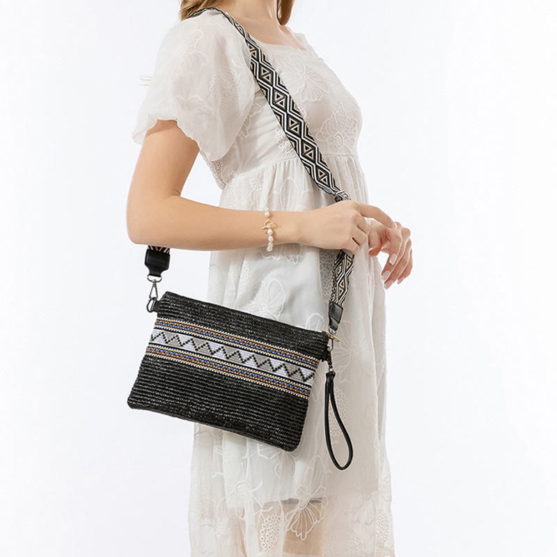 Sac bandoulière bohème en paille tissée à géométrie colorée 28 cm