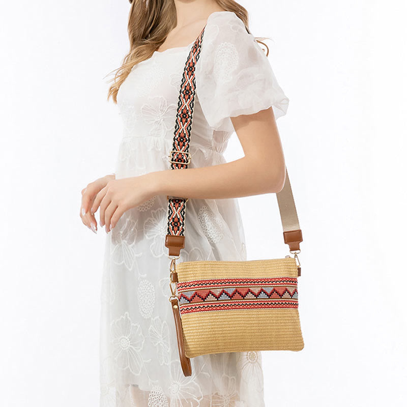 Sac bandoulière bohème en paille tissée à géométrie colorée 28 cm