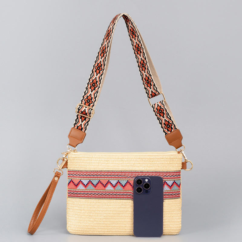 Sac bandoulière bohème en paille tissée à géométrie colorée 28 cm