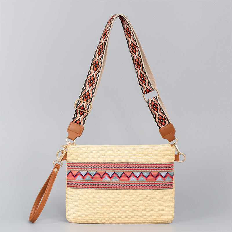 Sac bandoulière bohème en paille tissée à géométrie colorée 28 cm