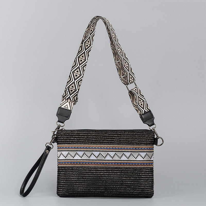 Sac bandoulière bohème en paille tissée à géométrie colorée 28 cm