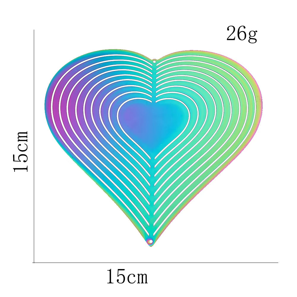 Iridescent heart-shaped wind spinner with rainbow concentric patterns for garden decor