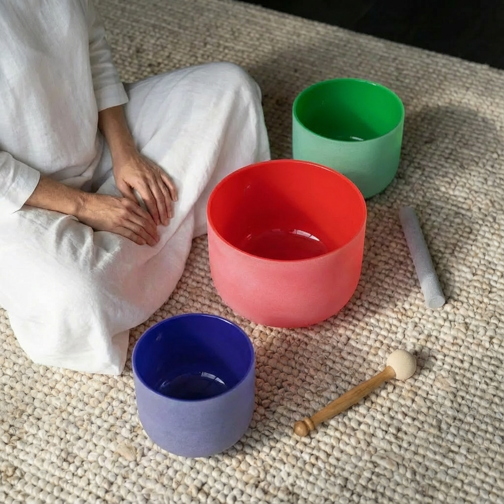 Ensemble de bols chantants en cristal de quartz coloré, 8", 10", 12"