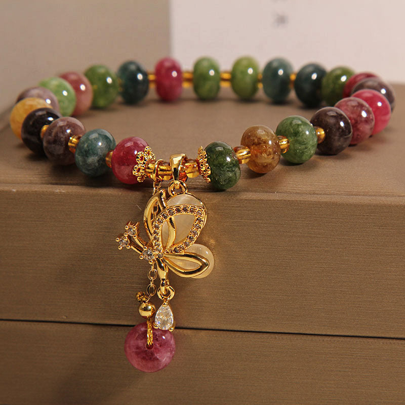 Bracelet à breloques papillon en tourmaline colorée