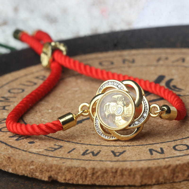Bracelet de protection en cuivre et laiton avec moulin à vent et prune, cordon rouge