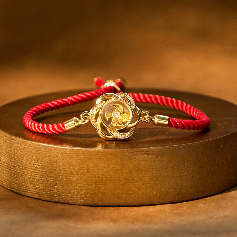 Bracelet de protection en cuivre et laiton avec moulin à vent et prune, cordon rouge