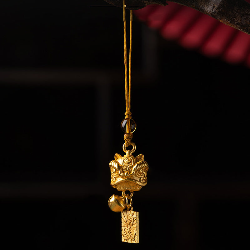 Décoration suspendue pour téléphone en forme de lion dansant en cuivre pour la richesse et la paix
