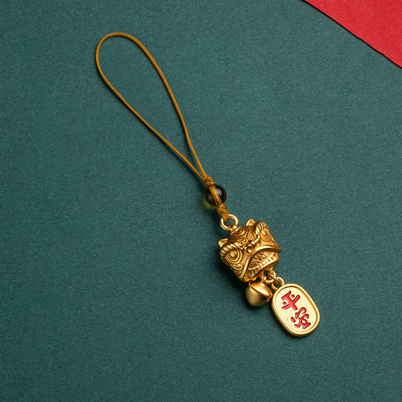Décoration suspendue pour téléphone en forme de lion dansant en cuivre pour la richesse et la paix