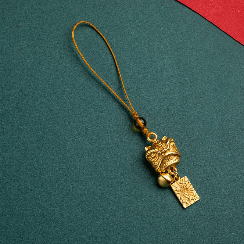 Décoration suspendue pour téléphone en forme de lion dansant en cuivre pour la richesse et la paix