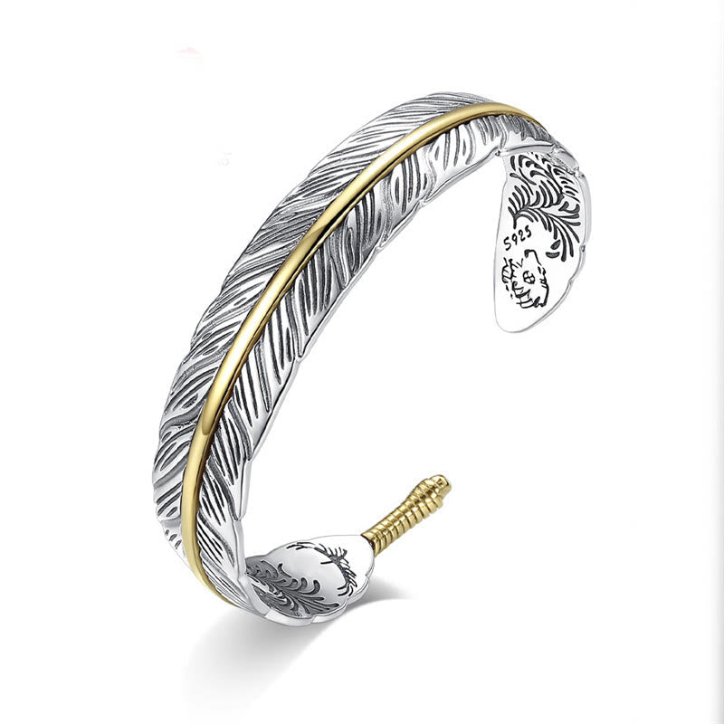 Bracelet manchette en cuivre sculpté avec motif de plumes pour la chance et la richesse