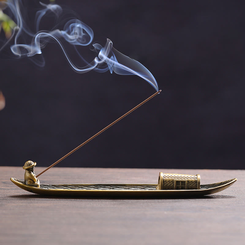 Brûleur d'encens en cuivre en forme de bateau de pêcheur pour la méditation et l'équilibre
