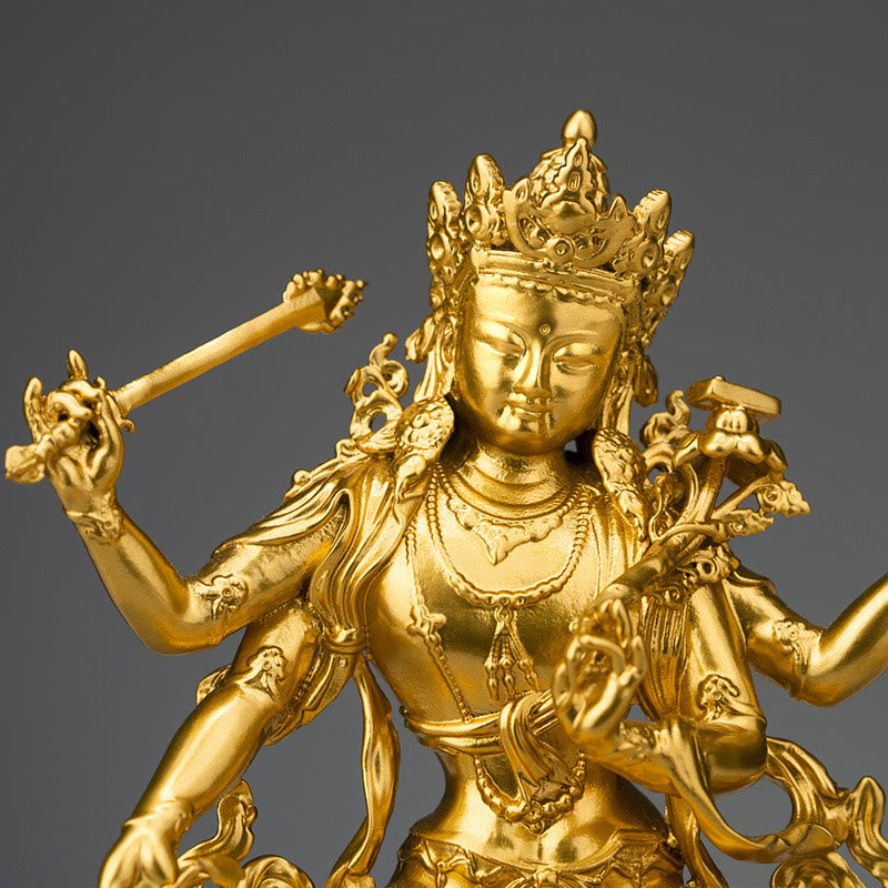 Statue du bodhisattva Manjusri à quatre bras en cuivre | Sérénité et compassion