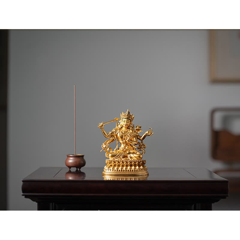 Statue du bodhisattva Manjusri à quatre bras en cuivre | Sérénité et compassion