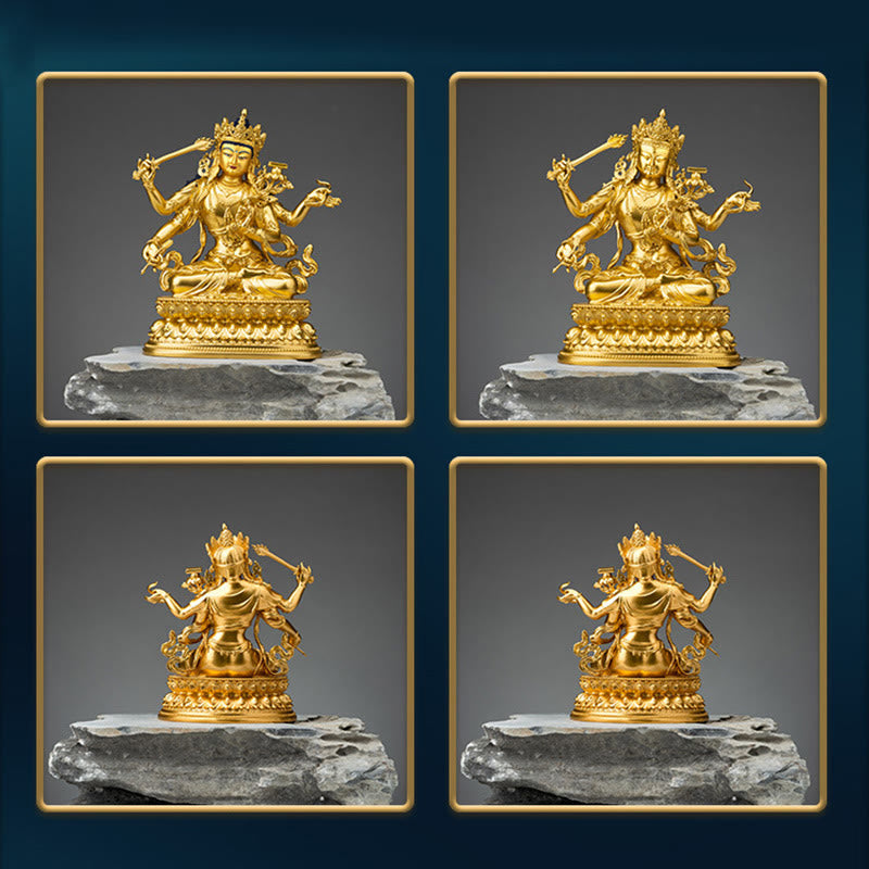 Statue du bodhisattva Manjusri à quatre bras en cuivre | Sérénité et compassion