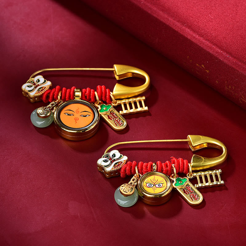 Broche boucle de paix en cuivre et jade avec lion dansant pour la protection