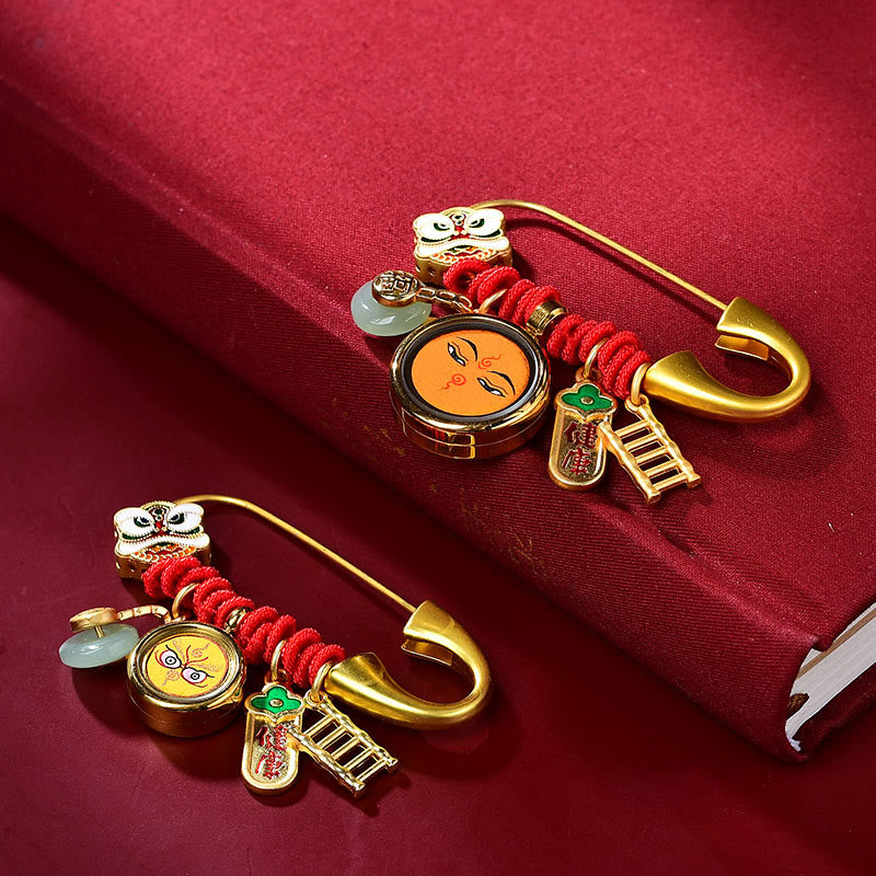 Broche boucle de paix en cuivre et jade avec lion dansant pour la protection