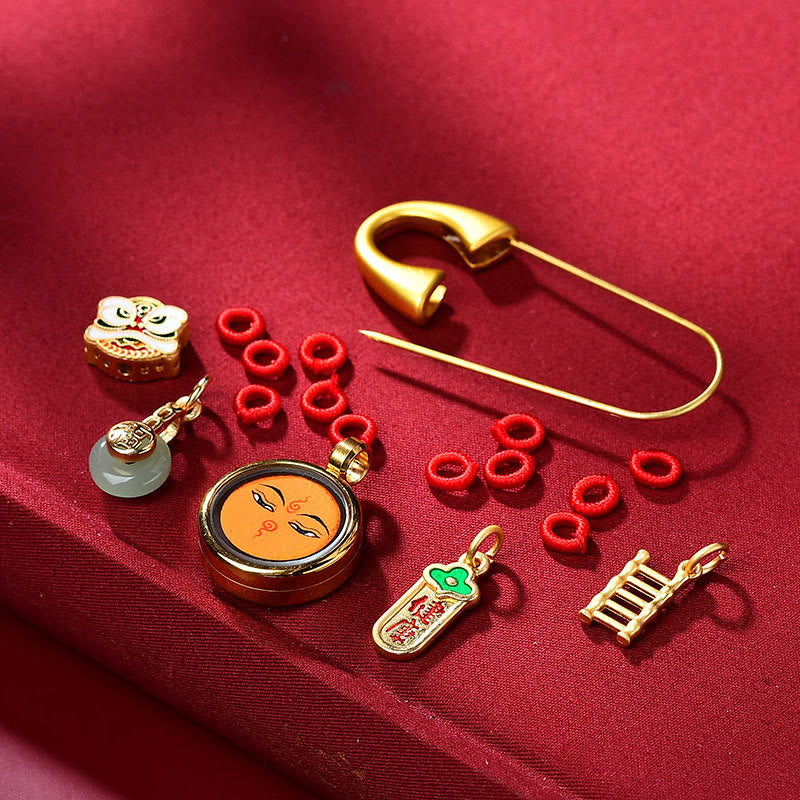 Broche boucle de paix en cuivre et jade avec lion dansant pour la protection