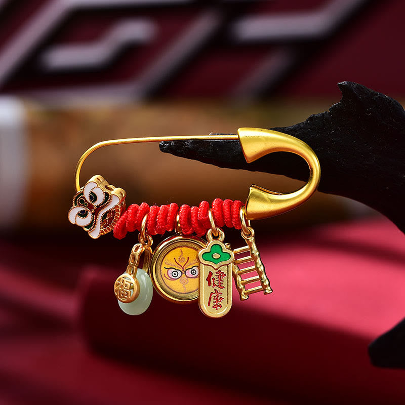 Broche boucle de paix en cuivre et jade avec lion dansant pour la protection