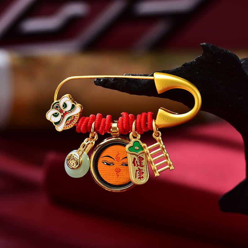 Broche boucle de paix en cuivre et jade avec lion dansant pour la protection