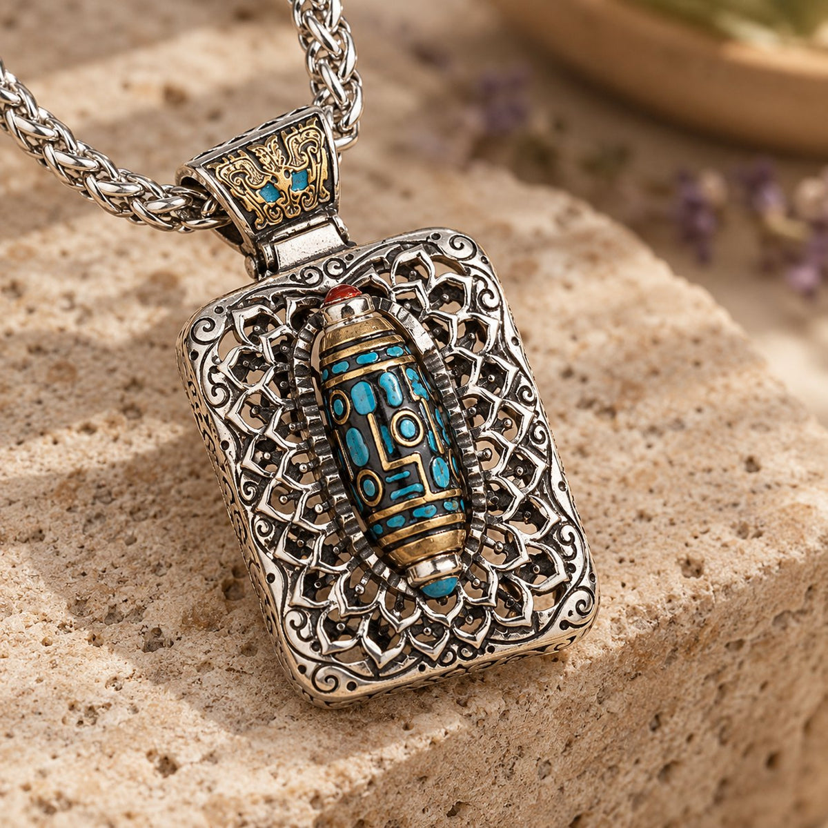 Copper Nine-Eye Dzi Bead Rotatable Protection Necklace, close-up of the material and finish