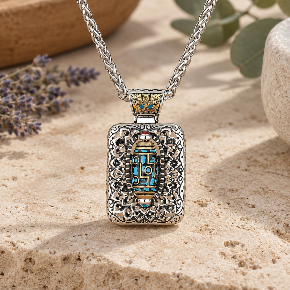 Copper Nine-Eye Dzi Bead Rotatable Protection Necklace, front of pendant