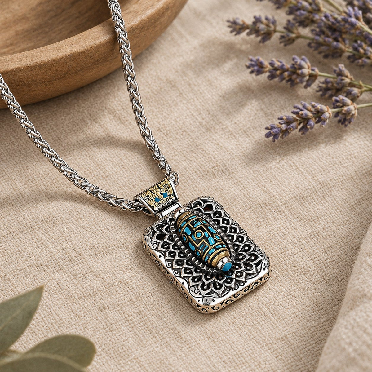 Copper Nine-Eye Dzi Bead Rotatable Protection Necklace, pendant at an angle