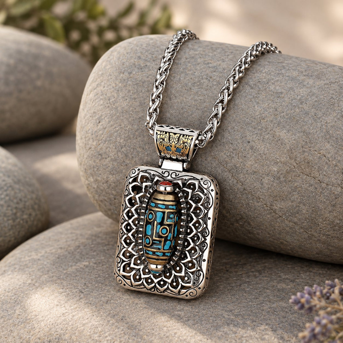 Copper Nine-Eye Dzi Bead Rotatable Protection Necklace, pendant leaning