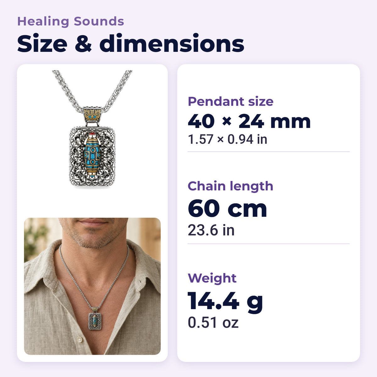 Copper Nine-Eye Dzi Bead Rotatable Protection Necklace, size and dimensions in millimetres and inches