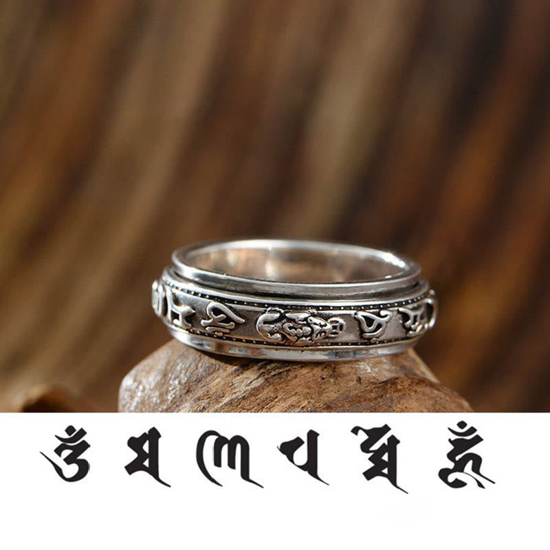 Bague rotative PiXiu Om Mani Padme Hum en argent plaqué cuivre