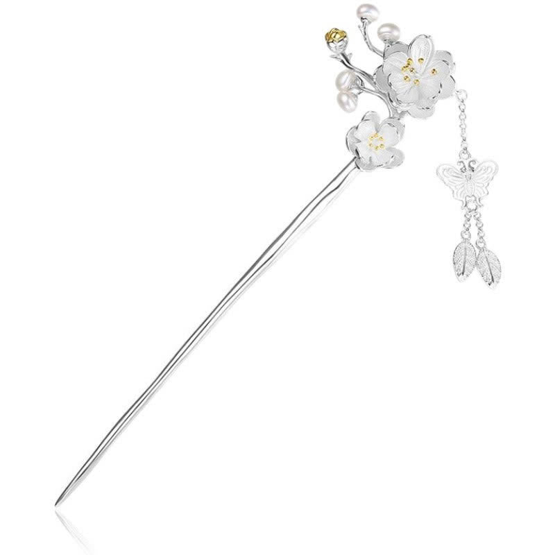 Épingle à cheveux papillon en cuivre, fleur de prunier | Symbole d'amour et de liberté