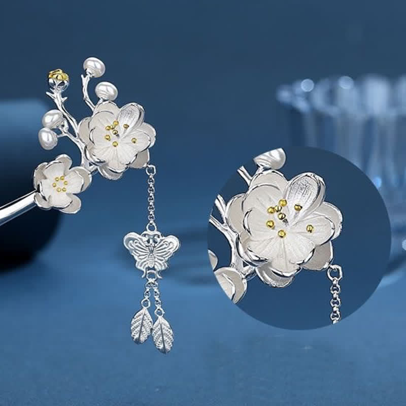 Épingle à cheveux papillon en cuivre, fleur de prunier | Symbole d'amour et de liberté