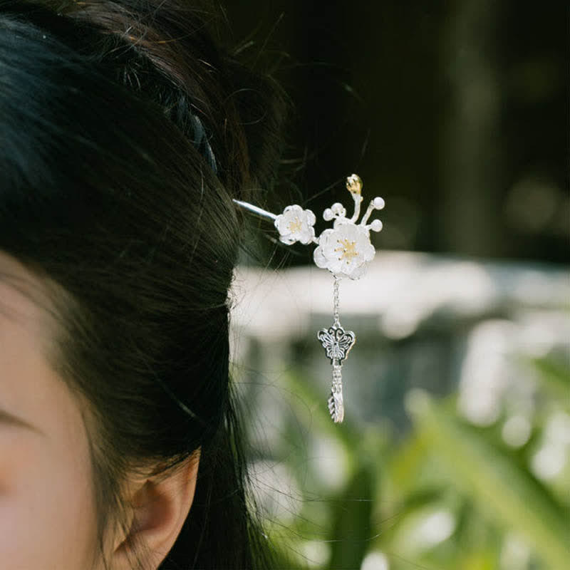 Épingle à cheveux papillon en cuivre, fleur de prunier | Symbole d'amour et de liberté