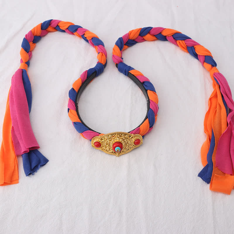 Accessoires pour cheveux spirituels en cuivre avec perles à pompons tibétaines colorées