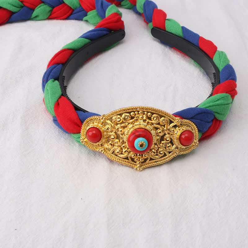 Accessoires pour cheveux spirituels en cuivre avec perles à pompons tibétaines colorées