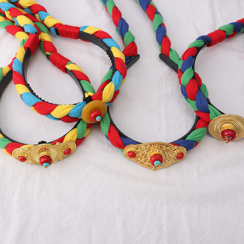 Accessoires pour cheveux spirituels en cuivre avec perles à pompons tibétaines colorées