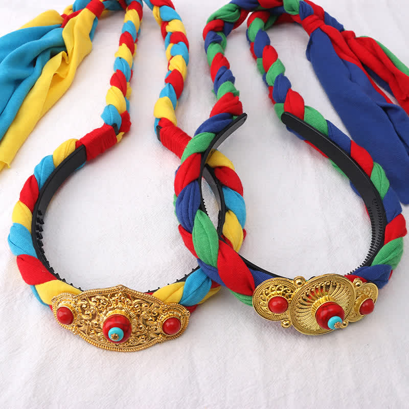 Accessoires pour cheveux spirituels en cuivre avec perles à pompons tibétaines colorées