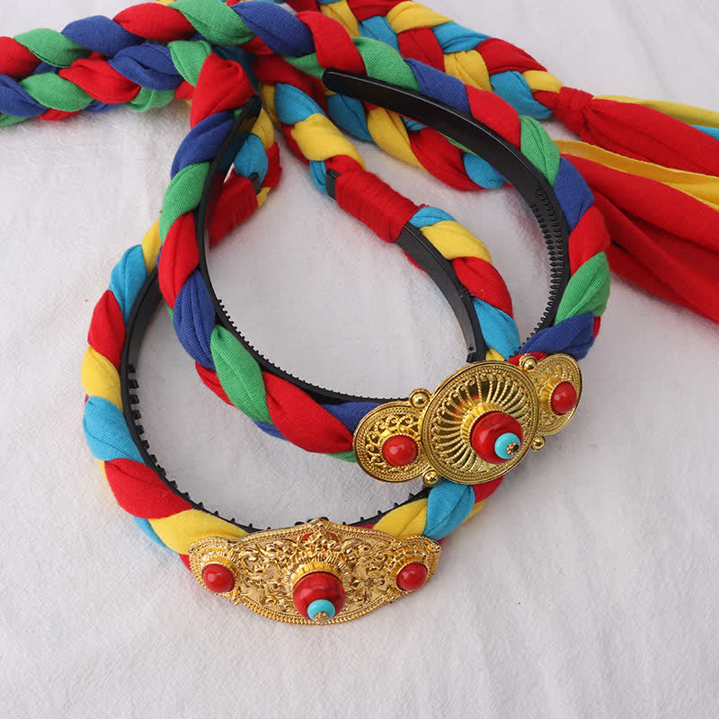 Accessoires pour cheveux spirituels en cuivre avec perles à pompons tibétaines colorées