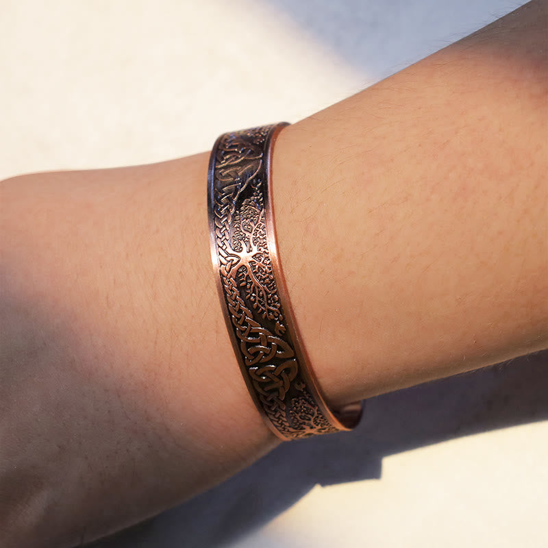 Bracelet manchette réglable en cuivre avec arbre de vie pour l'équilibre