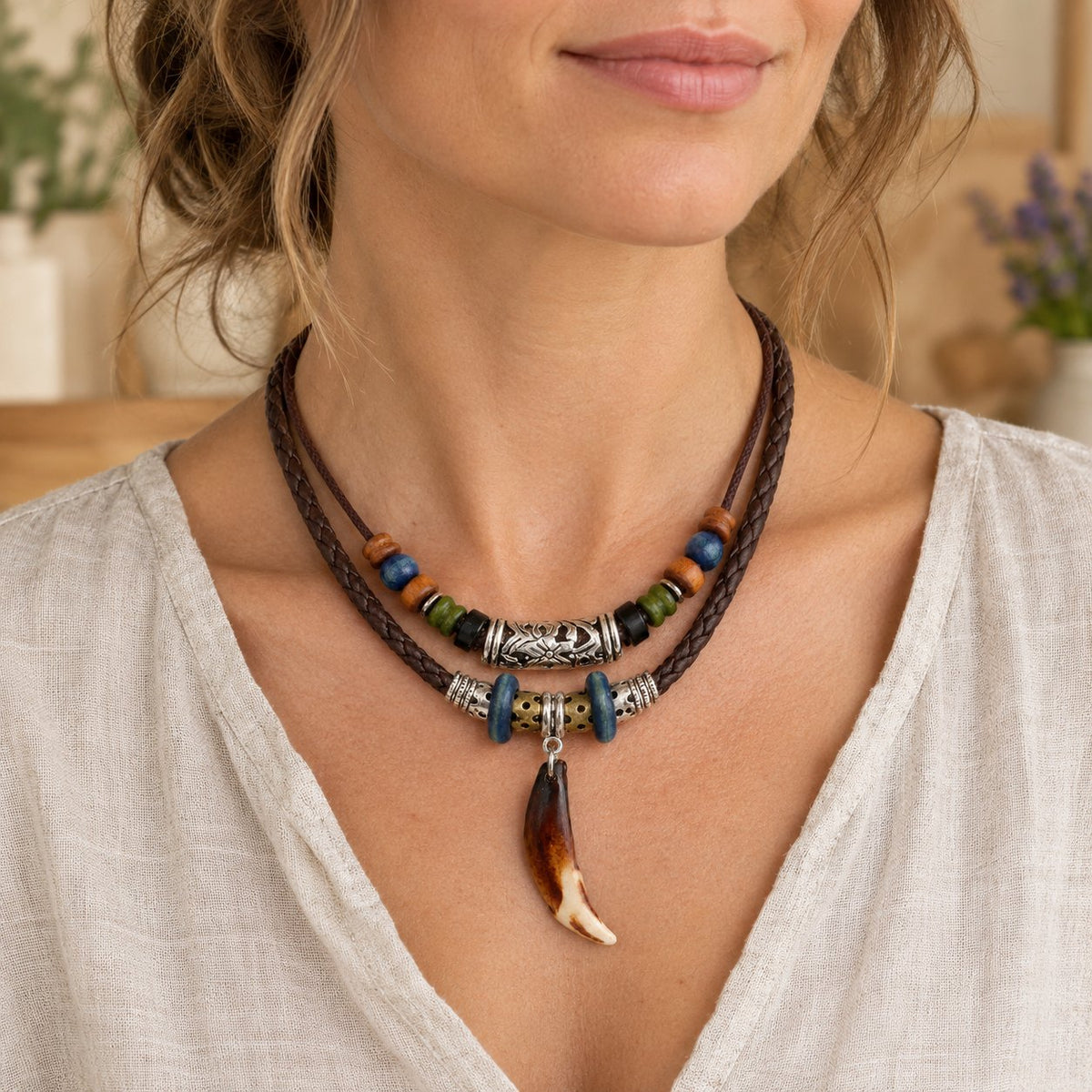 Copper Wealth Necklace Pendant, worn by a woman