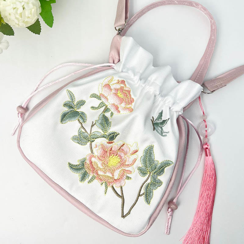 Sac fourre-tout en coton et lin brodé Osmanthus Pivoine 20 cm