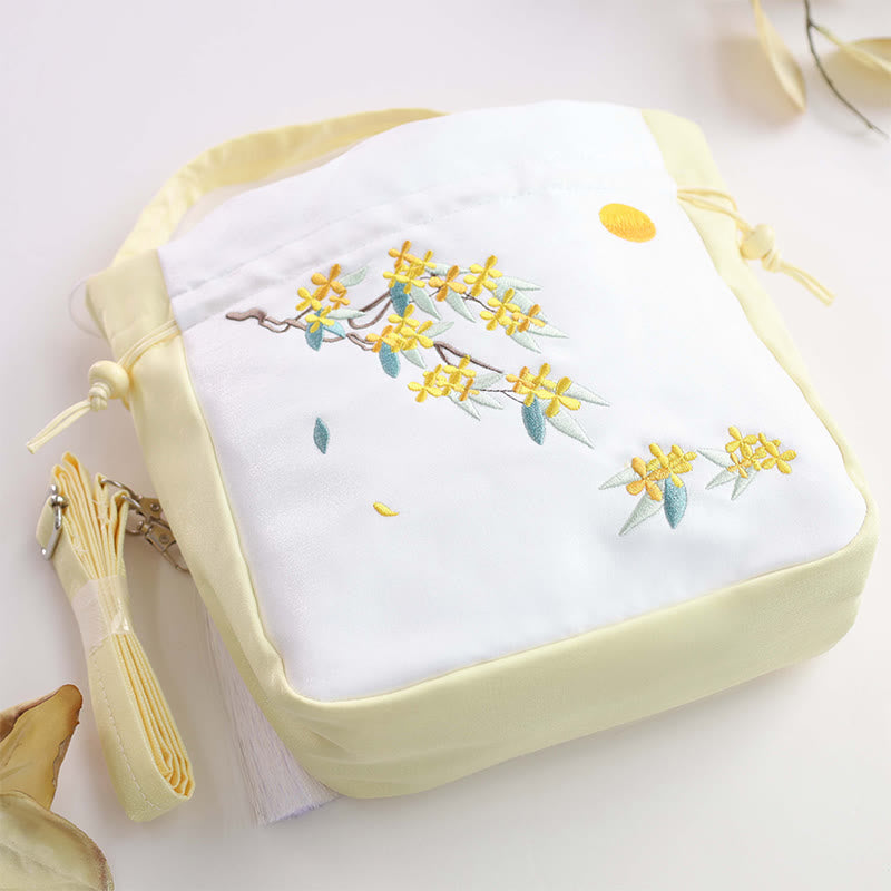 Sac fourre-tout en coton et lin brodé Osmanthus Pivoine 20 cm