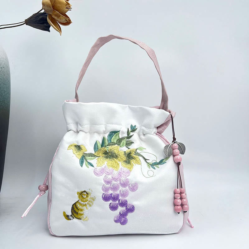 Sac fourre-tout en coton et lin brodé Osmanthus Pivoine 20 cm