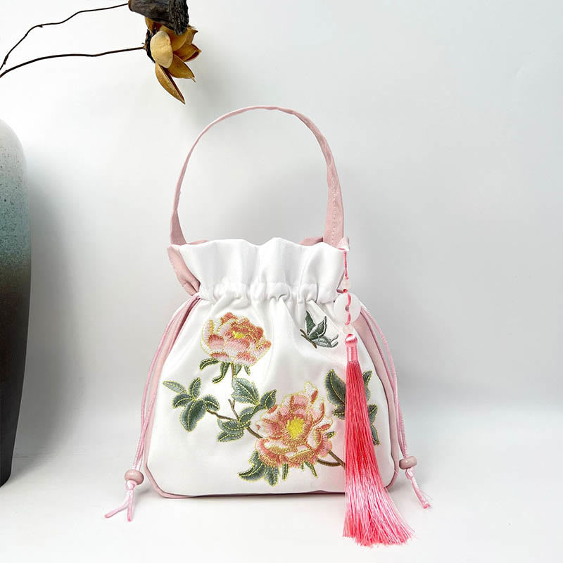 Sac fourre-tout en coton et lin brodé Osmanthus Pivoine 20 cm