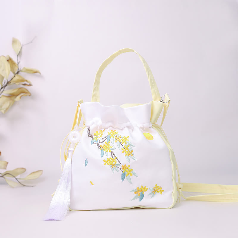 Sac fourre-tout en coton et lin brodé Osmanthus Pivoine 20 cm